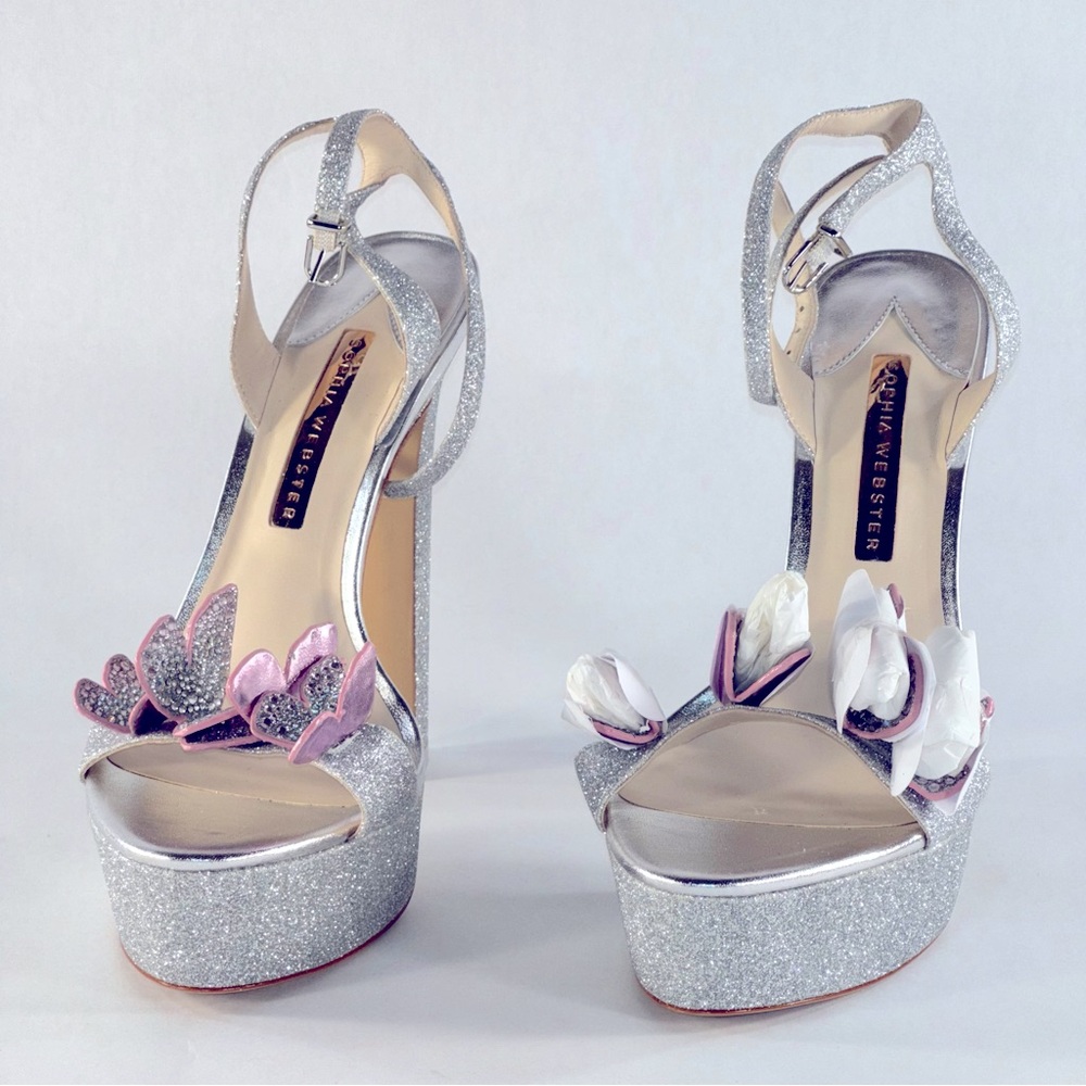 Sophia Webster Silver & Pink Glitter Butterfly Riva Platform Sandal EU 39/US 8.5